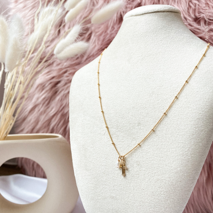 Miniscule Holy Cross With Baroque Pearl Beaded Necklace