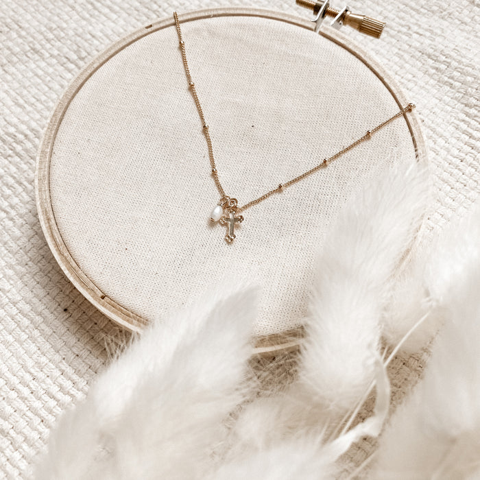 Miniscule Holy Cross With Baroque Pearl Beaded Necklace