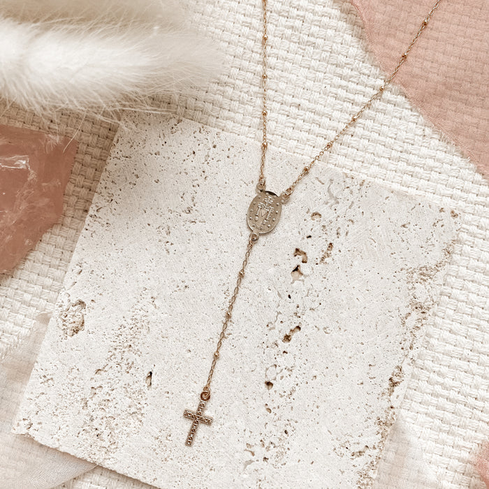 Dainty Gold Rosary Necklace With Holy Cross