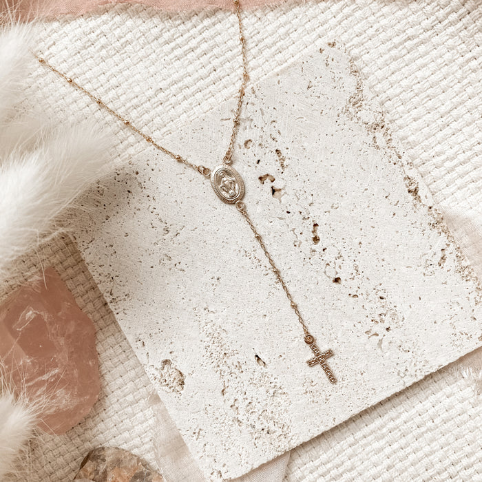 Dainty Gold Rosary Necklace With Holy Cross