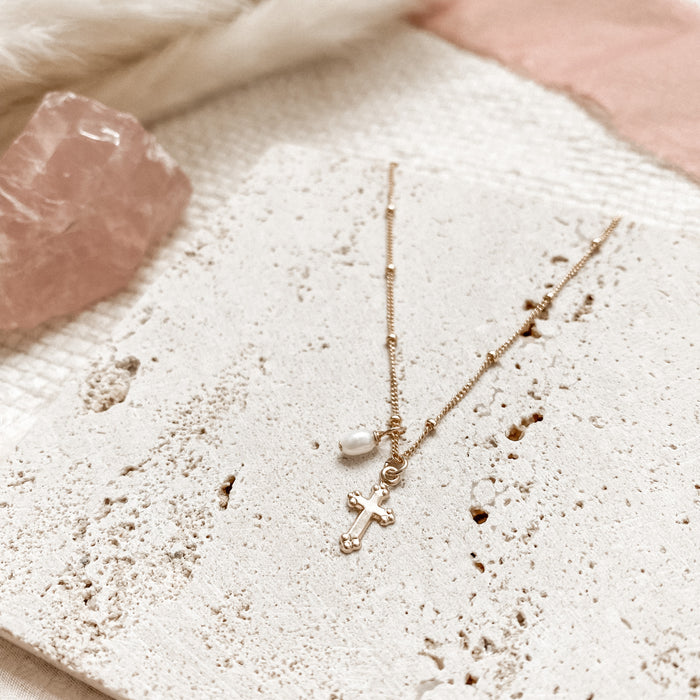 Miniscule Holy Cross With Baroque Pearl Beaded Necklace